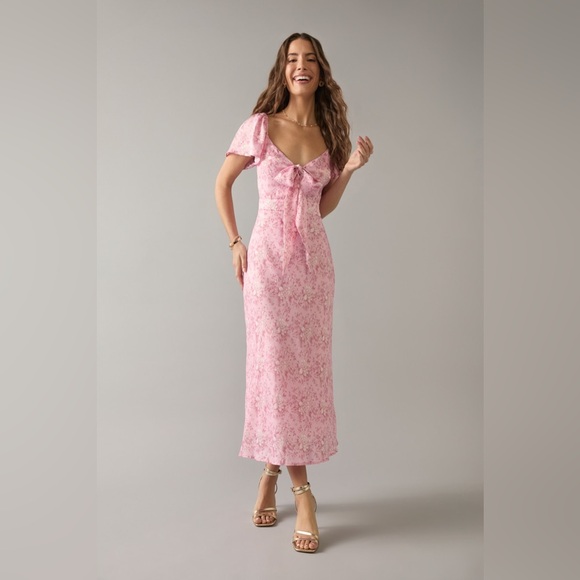 Audrey Parks Maria Bow Tie Front Silky Floral Midi Dress - Picture 1 of 14